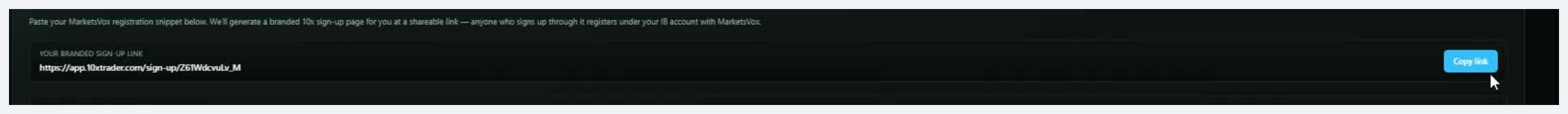 Branded 10X sign-up link generated with Copy link button